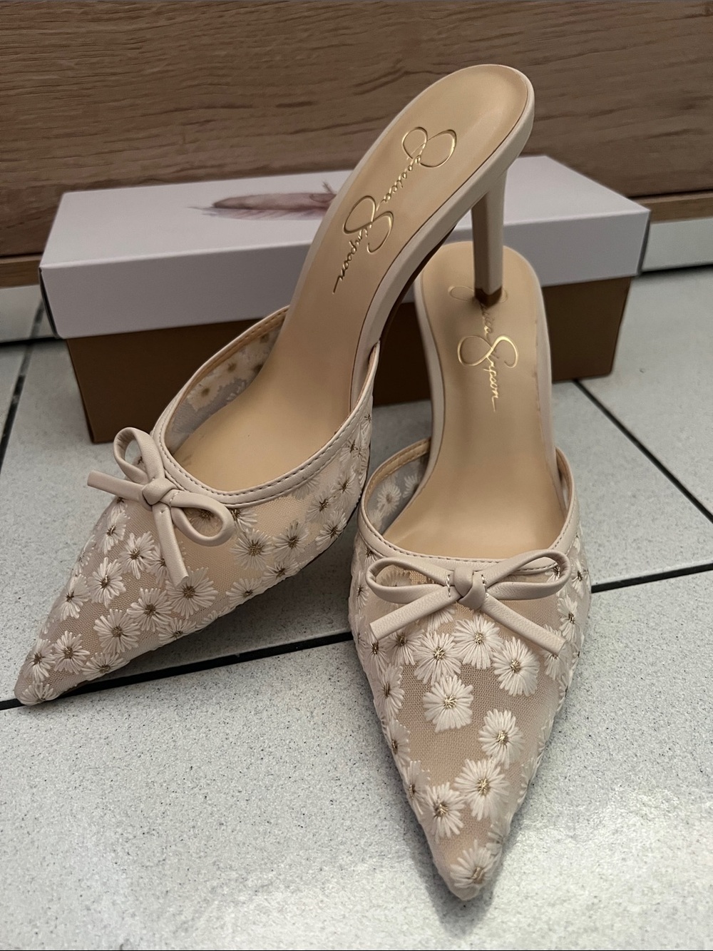 Jessica Simpson Mesh Cream Floral Embroidered Pointed-Toe Mules with Bows